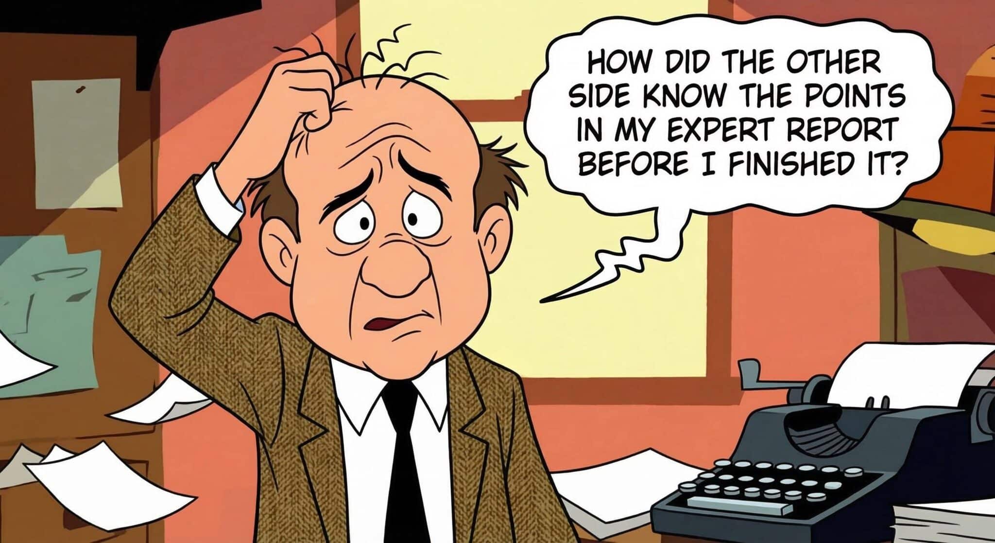 Cartoon of an expert witness wondering how the other side knew the points in his report — with a parrot listening over his shoulder, representing AI training on user data